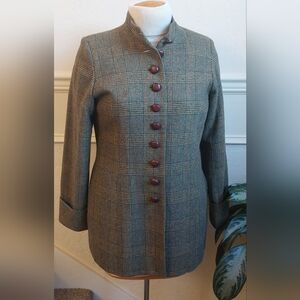Soft Surroundings Green Plaid Jacket with Leather Buttons